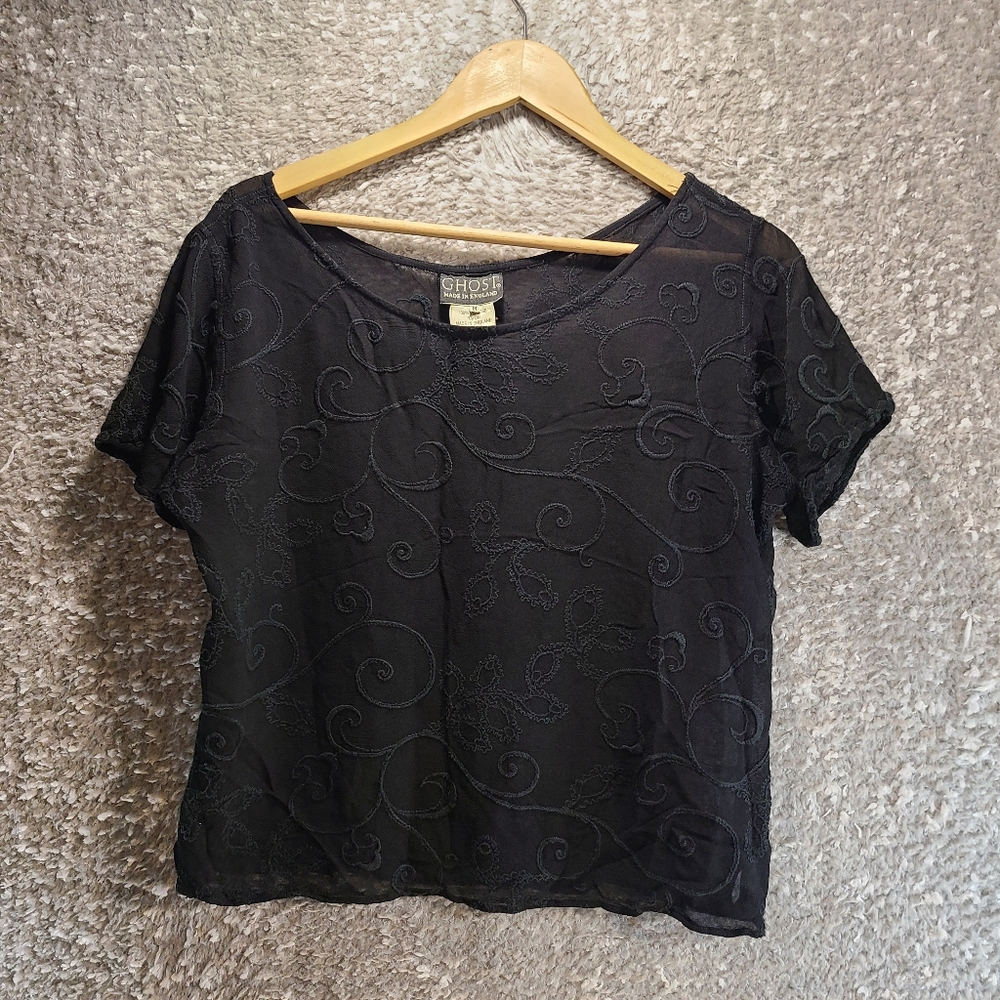 Vintage GHOST Blouse Made in England Tulle Mesh w/Embroidery Semi Sheer Black M